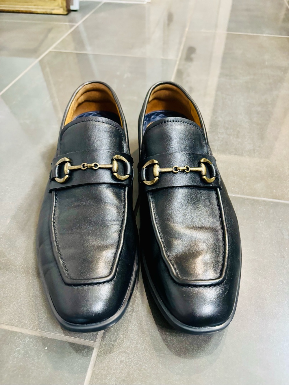 Florsheim Black Leather Bit Loafers with Gold Hardware